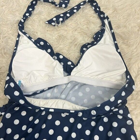 ModCloth NAVY POLKA DOT Reese Halter One-Piece Retro Swimsuit Size Large Pin Up - Picture 5 of 9